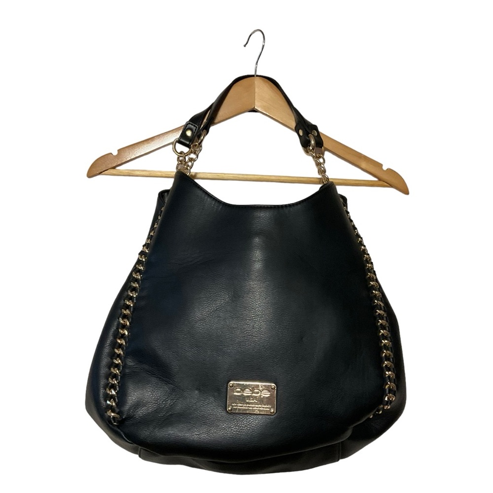 BEBE sz Large Shoulder Bag Hobo Vegan Leather Chunky Gold Tone Chain Black
